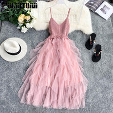 Load image into Gallery viewer, Irregular Mesh Knit Strap Dress Women 2019 Beach Style V collar Backless High Waist Dresses Cake Dress 6 Colors Vestidos Femme