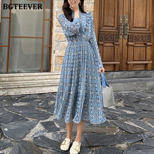 Load image into Gallery viewer, BGTEEVER Elegant Stand Collar Ruffles Women Dress Long Sleeve Plaid Female Chiffon Pleated Dress 2020 Spring Vestidos femme