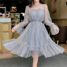 Load image into Gallery viewer, RUGOD New shiny women dress sequined transparent loose a line mesh patchwork elegant solid summer dress korean style kimono
