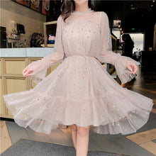 Load image into Gallery viewer, RUGOD New shiny women dress sequined transparent loose a line mesh patchwork elegant solid summer dress korean style kimono
