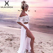 Load image into Gallery viewer, White Sexy Women Party Dress Lace Off The Shoulder Split Floor-Length Maxi Dress 2 piece Set Long Boho Dress vestidos de festa
