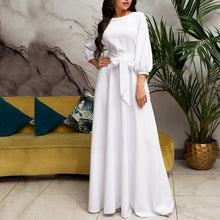 Load image into Gallery viewer, Vintage Bow Tie Maxi Long White Dress Women Lantern Sleeve Elegant Bandage Dress 2019 Solid o Neck Boho Floor-Length Dress
