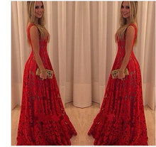 Load image into Gallery viewer, Sleeveless Bright Lace Flowers Red Dress  Women Dress Lace Long Longuette Elegant Party Dresses Formal Vestidos
