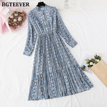 Load image into Gallery viewer, BGTEEVER Elegant Stand Collar Ruffles Women Dress Long Sleeve Plaid Female Chiffon Pleated Dress 2020 Spring Vestidos femme
