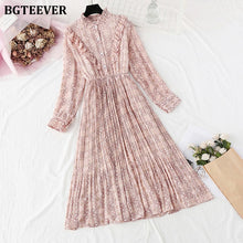 Load image into Gallery viewer, BGTEEVER Elegant Stand Collar Ruffles Women Dress Long Sleeve Plaid Female Chiffon Pleated Dress 2020 Spring Vestidos femme
