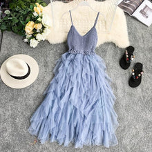 Load image into Gallery viewer, FTLZZ New Women Tulle Dress Summer High Waist Mesh Dress Hem Asymmetrical Pleated Dress Female Slim Fairy Dresses

